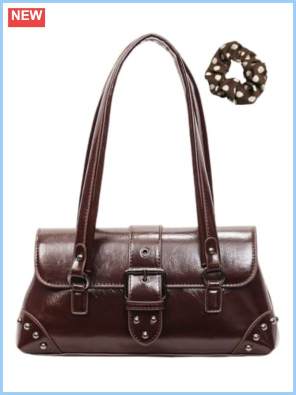 Y2K Studded Faux Oil-Wax Leather Shoulder Bag Punk Buckle Purse